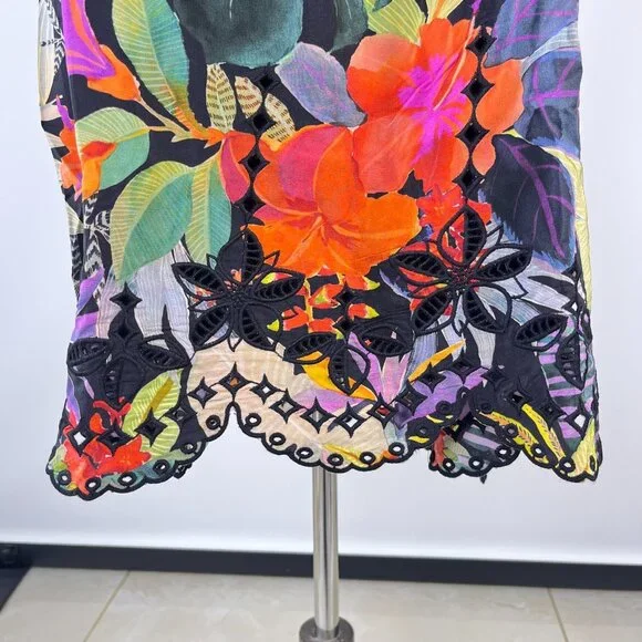 $398 NWOT Johnny Was Embroidery Lace Silk Floral Tie Mini Dress Oversize XS